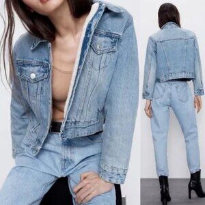 NEW Zara Fleece Sherpa Lined 100% Cotton Denim Jean Jacket Light Blue Wash S